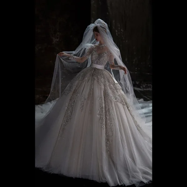 Luxury / Gorgeous Glitter Sequins Beading Pearl Lace Flower Ivory Wedding Dresses 2022 Ball Gown Scoop Neck Puffy Short Sleeve Sash Satin Bow Royal Train Wedding