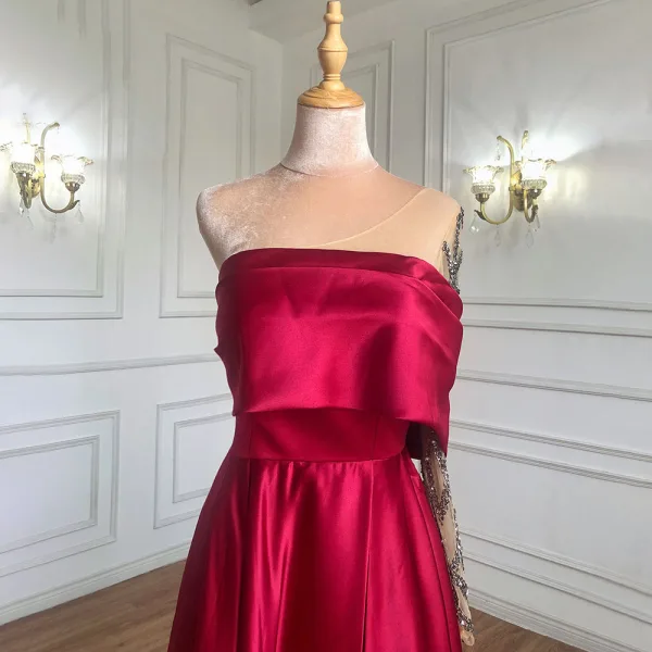 High-end Burgundy Satin Prom Dresses 2022 A-Line / Princess One-Shoulder Beading Rhinestone Sequins Long Sleeve Backless Split Front Floor-Length / Long Formal Dresses