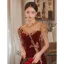 Chic / Beautiful Burgundy Suede Velour Evening Dresses 2022 A-Line / Princess High Neck Beading Pearl Rhinestone Short Sleeve Floor-Length / Long Evening Party Formal Dresses