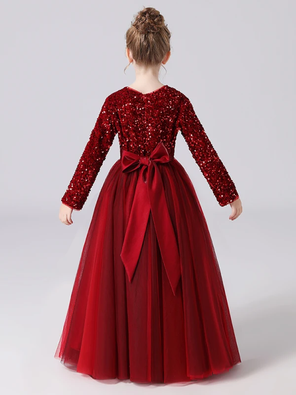 Chic / Beautiful Burgundy Sequins Birthday Flower Girl Dresses 2022 A-Line / Princess Scoop Neck Sash Bow Long Sleeve Floor-Length / Long Flower Girl Dresses