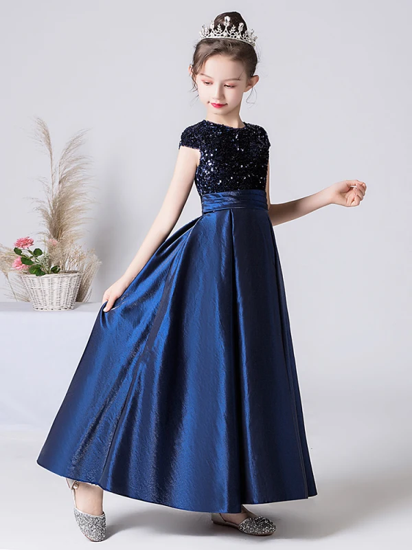 Chic / Beautiful Navy Blue Satin Sequins Birthday Flower Girl Dresses 2022 A-Line / Princess Scoop Neck Short Sleeve Bow Floor-Length / Long Flower Girl Dresses