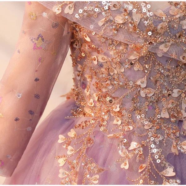 Chic / Beautiful Lilac Beading Sequins Birthday Flower Girl Dresses 2022 A-Line / Princess Scoop Neck 1/2 Sleeves Backless Floor-Length / Long Flower Girl Dresses