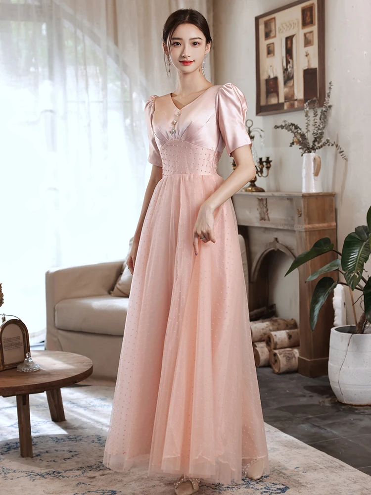 chinese dress ladies Pink v neck tulle long prom dress, pink tulle formal dress – dresstby main image 0