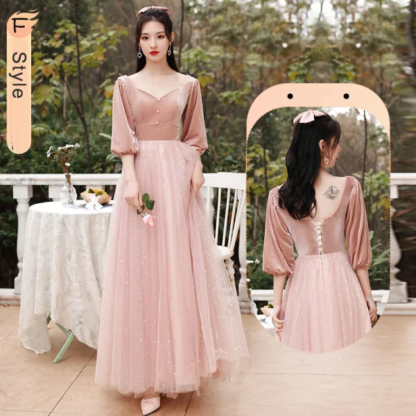 Chic / Beautiful Dusky Pink Suede Bridesmaid Dresses 2022 A-Line / Princess Pearl Sequins Long Sleeve Backless Floor-Length / Long Wedding Party Dresses