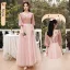 Chic / Beautiful Dusky Pink Suede Bridesmaid Dresses 2022 A-Line / Princess Pearl Sequins Long Sleeve Backless Floor-Length / Long Wedding Party Dresses