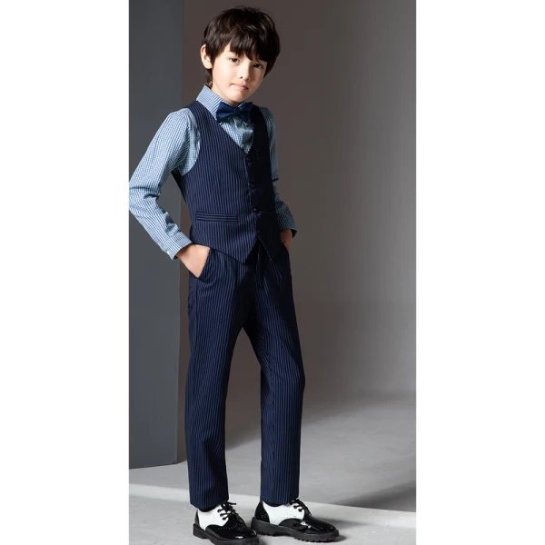 Striped Long Sleeve Boys Wedding Suits 2022 Coat Pants Shirt Tie Vest Boys Wedding Suits Black