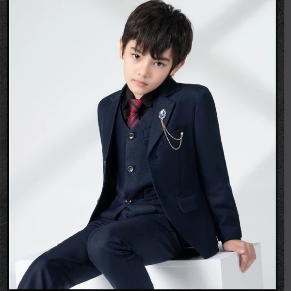 Fashion Navy Blue Long Sleeve Boys Wedding Suits 2022 Coat Pants Shirt Tie Vest Wedding