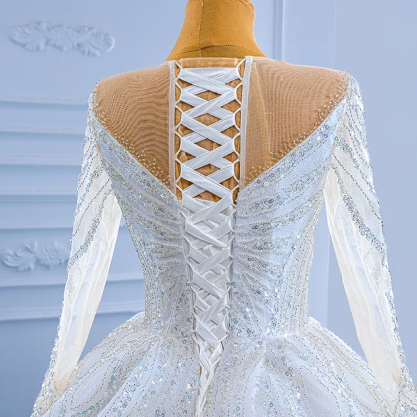 High-end Luxury / Gorgeous White Handmade  Beading Rhinestone Sequins Wedding Dresses 2022 Ball Gown Scoop Neck Long Sleeve Chapel Train Wedding