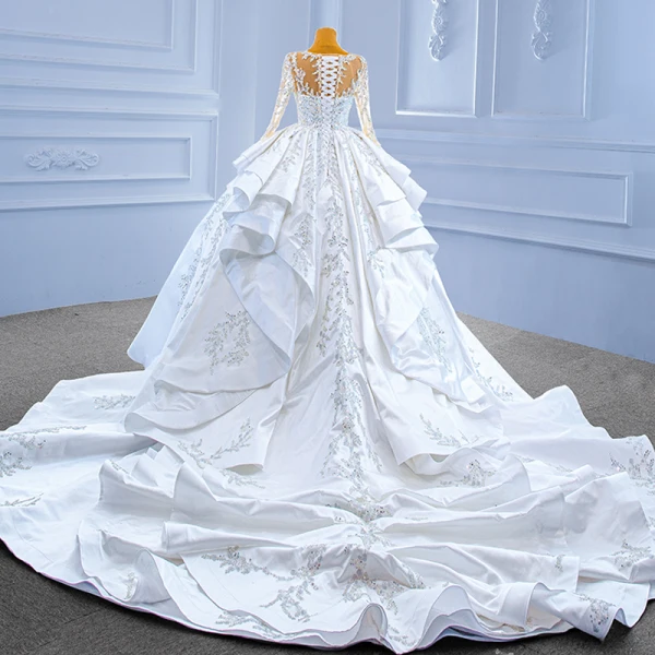 Luxury / Gorgeous High-end Handmade  Beading Pearl Sequins White Wedding Dresses 2022 Ball Gown Cascading Ruffles Scoop Neck Long Sleeve Royal Train Wedding