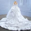 Luxury / Gorgeous High-end Handmade  Beading Pearl Sequins White Wedding Dresses 2022 Ball Gown Cascading Ruffles Scoop Neck Long Sleeve Royal Train Wedding