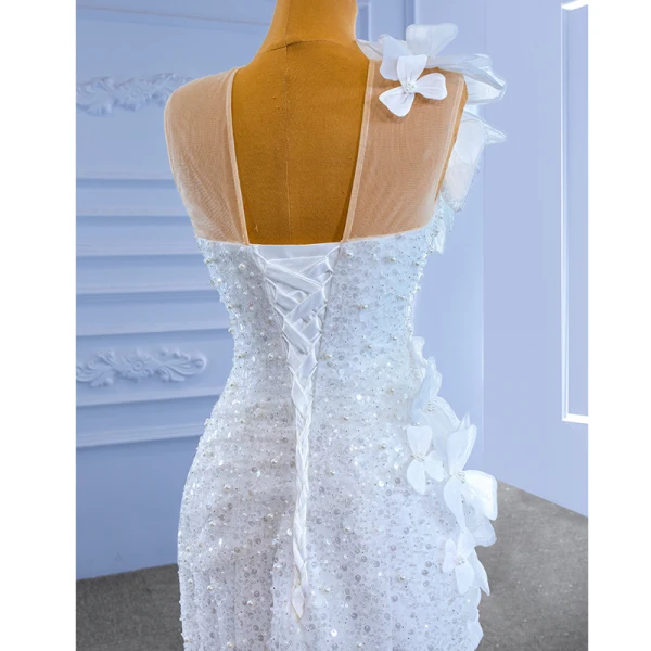 Sparkly High-end White Beading Pearl Sequins Wedding Dresses 2022 Trumpet / Mermaid Scoop Neck Appliques Sleeveless Backless Chapel Train Wedding