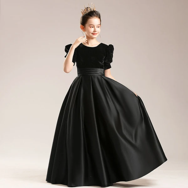 Elegant Black Suede Satin Birthday Flower Girl Dresses 2022 Ball Gown Scoop Neck Short Sleeve Sash Floor-Length / Long Flower Girl Dresses