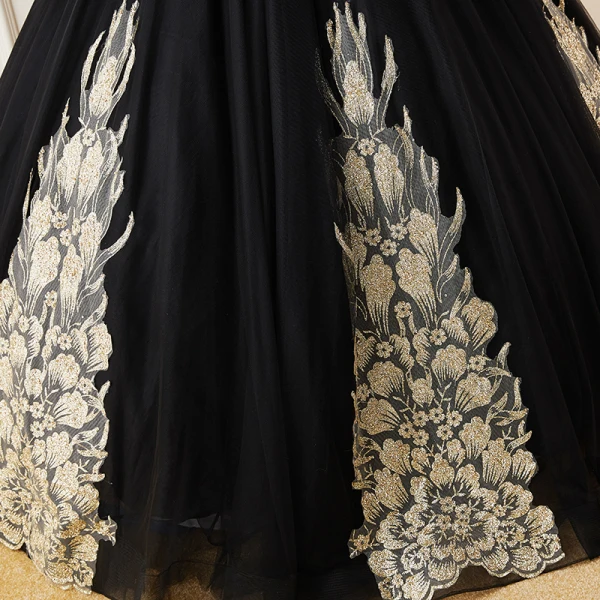 Elegant Black Suede Prom Dresses 2022 Ball Gown Square Neckline Puffy Short Sleeve Appliques Backless Floor-Length / Long Formal Dresses