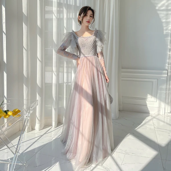 Chic / Belle Rougissant Rose Robe Demoiselle D'honneur 2022 Princesse Encolure Dégagée Paillettes Gonflée Manches Courtes Dos Nu Longue Robe Demoiselle D'honneur