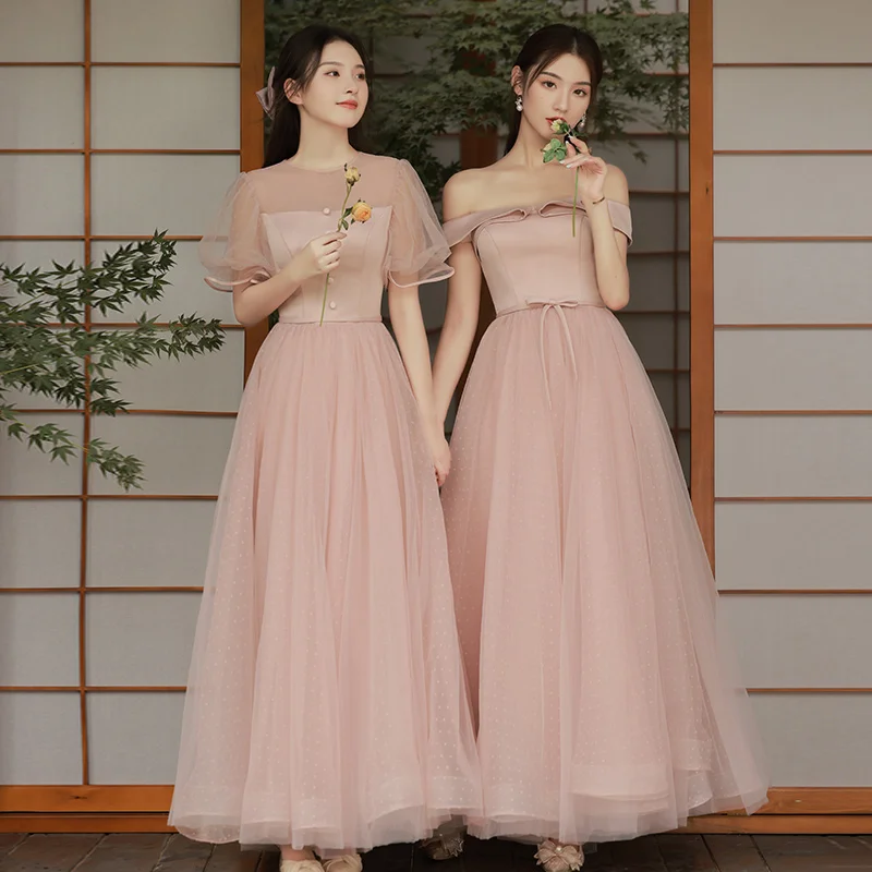 Modest Simple Blushing Pink Bridesmaid Dresses 2022 A-Line Princess Short Sleeve Long