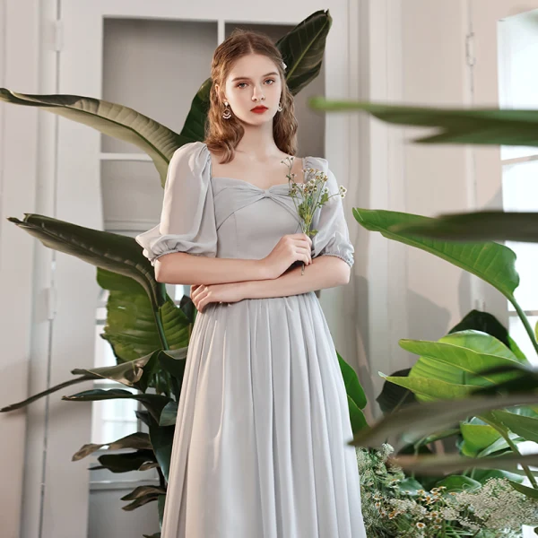 Modest / Simple Grey Bridesmaid Dresses 2022 A-Line / Princess Short Sleeve Backless Floor-Length / Long Bridesmaid Dresses Modest / Simple Grey Bridesmaid Dresses 2022 A-Line / Princess Short Sleeve Backless Floor-Length / Long Bridesmaid Dresses