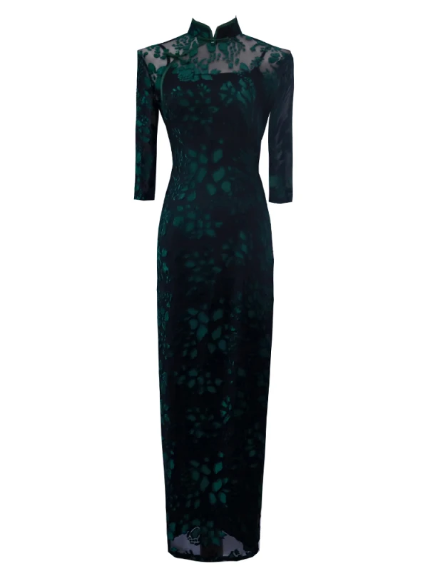 Vintage / Retro Dark Green Split Front Cheongsam 2022 Trumpet / Mermaid High Neck Short Sleeve Tea-length Evening Party Cheongsam / Qipao