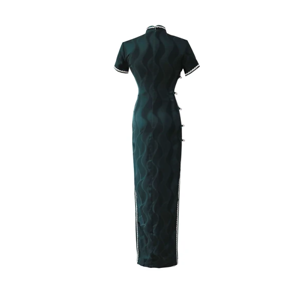 Vintage / Retro Cheongsam 2022 Trumpet / Mermaid High Neck Short Sleeve Split Front Tea-length Evening Party Cheongsam / Qipao Dark Green