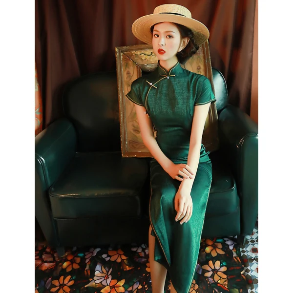 Vintage / Retro Dark Green Evening Party Cheongsam 2022 Trumpet / Mermaid High Neck Short Sleeve Split Front Tea-length Cheongsam / Qipao