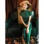 Vintage / Retro Dark Green Evening Party Cheongsam 2022 Trumpet / Mermaid High Neck Short Sleeve Split Front Tea-length Cheongsam / Qipao