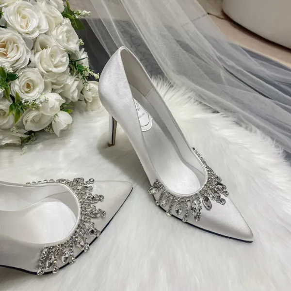 Charming Ivory Satin Rhinestone Wedding Shoes 2022 9 cm Stiletto Heels Pointed Toe Wedding Pumps High Heels