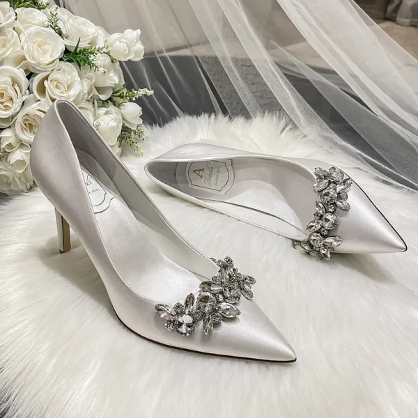 Fashion Ivory Rhinestone Satin Wedding Shoes 2022 9 cm Stiletto Heels Pointed Toe Wedding Pumps High Heels