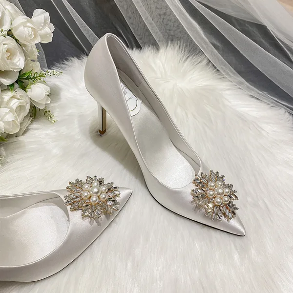 Elegant Ivory Pearl Rhinestone Wedding Shoes 2022 Satin 9 cm Stiletto Heels Pointed Toe Wedding Pumps High Heels