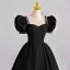 Elegant Black Satin Prom Dresses 2022 A-Line / Princess Square Neckline Puffy Short Sleeve Pearl Rhinestone Backless Floor-Length / Long Formal Dresses