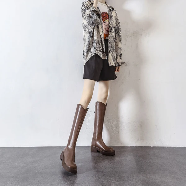 Vintage / Retro Brown Winter Street Wear Womens Boots 2022 Leather Round Toe Waterproof Flat Boots