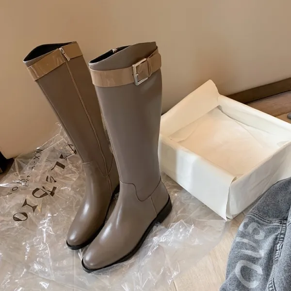 Moda Czarne Zużycie ulicy Zima Kozaki Damskie 2022 Skórzany Okrągłe Toe Płaskie Boots