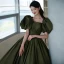 Vintage / Retro Dark Green Satin Prom Dresses A-Line / Princess 2022 Square Neckline Puffy Short Sleeve Backless Sweep Train Formal Dresses