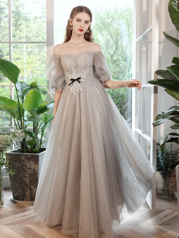 Chic / Beautiful Grey Beading Lace Flower Bridesmaid Dresses 2022 A-Line / Princess Rhinestone Sequins Short Sleeve Backless Floor-Length / Long Wedding Bridesmaid Dresses