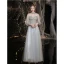Elegant Grey Beading Evening Dresses  Prom Dresses 2021 A-Line / Princess High Neck Appliques Lace Flower Pearl 3/4 Sleeve Backless Floor-Length / Long Prom Formal Dresses