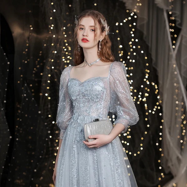 Glitzernden Silber Perlenstickerei Pailletten Strass Abendkleider Ballkleider 2021 A Linie Eckiger Ausschnitt Spitze Blumen 3/4 Ärmel Rückenfreies Lange Abend Ball Festliche Kleider