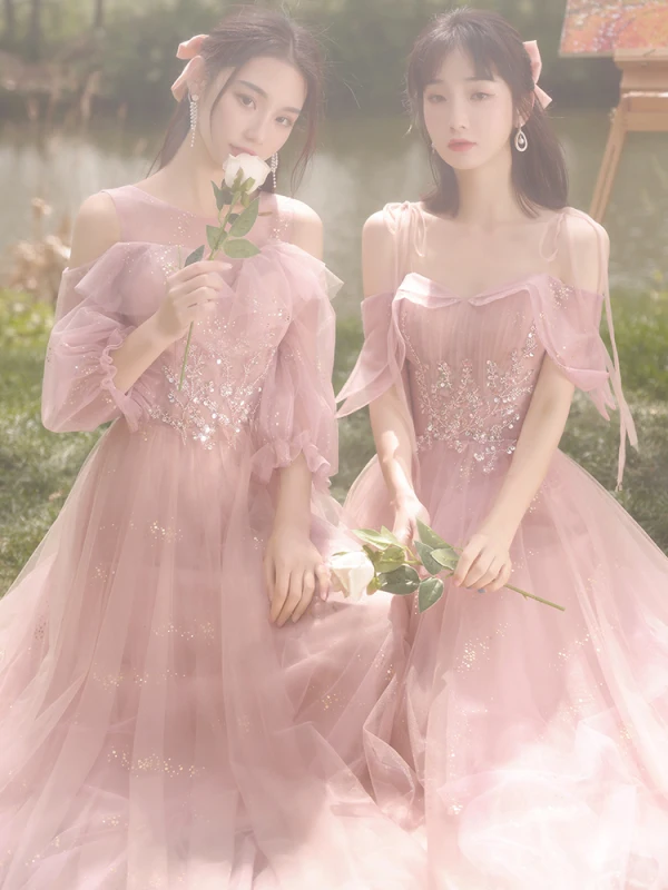 Chic / Beautiful Blushing Pink Bridesmaid Dresses 2021 A-Line / Princess Scoop Neck Beading Rhinestone Sequins Short Sleeve Backless Floor-Length / Long Bridesmaid Wedding Party Dresses
