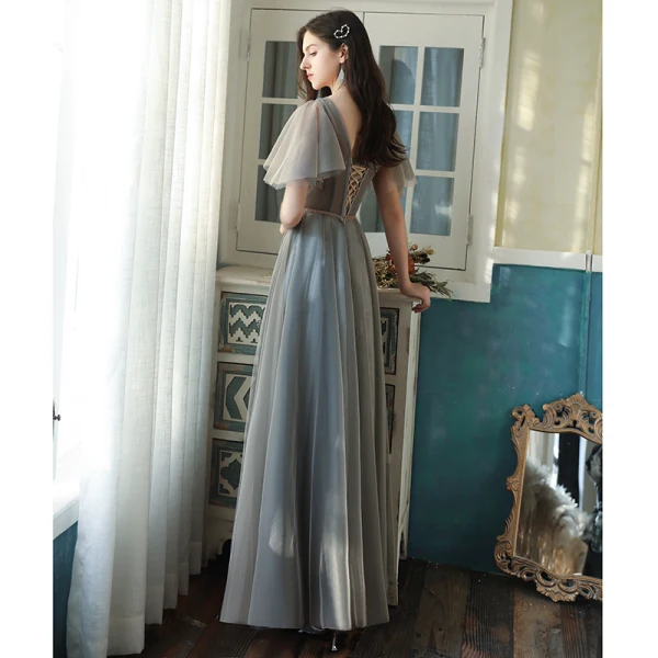 Chic / Belle Gris Robe Demoiselle D'honneur 2021 Princesse Manches Courtes Dos Nu Perlage Perle En Dentelle Fleur Paillettes Longue Demoiselle D'honneur Robe Pour Mariage