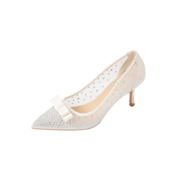 Élégant Ivoire Noeud Faux Diamant Chaussure De Mariée 2021 6 cm Talons Aiguilles À Bout Pointu Mariage Escarpins Talons Hauts