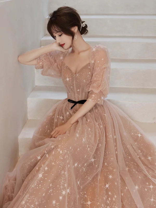 Fashion Champagne Bridesmaid Dresses 2021 A-Line / Princess Square Neckline Star Lace Sequins Bow Short Sleeve Backless Floor-Length / Long Bridesmaid Wedding Party Dresses