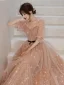 Fashion Champagne Bridesmaid Dresses 2021 A-Line / Princess Square Neckline Star Lace Sequins Bow Short Sleeve Backless Floor-Length / Long Bridesmaid Wedding Party Dresses