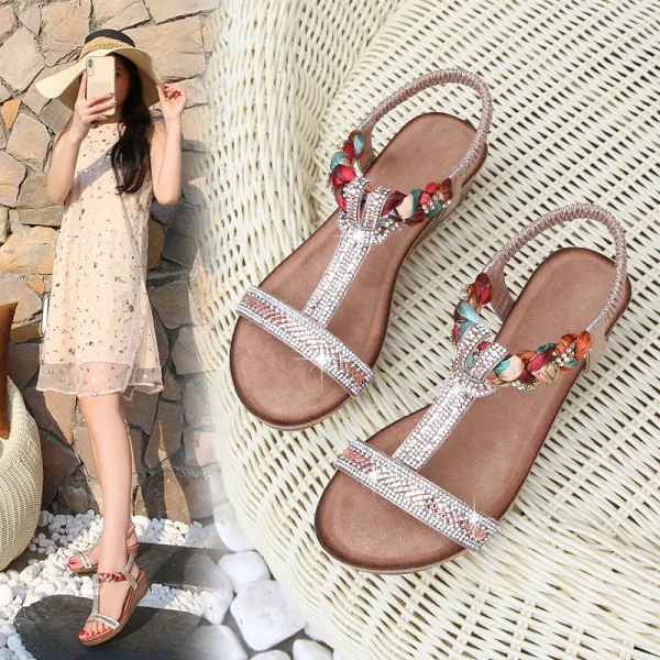 Bohemia Champagne Beach Rhinestone Womens Sandals 2021 Open / Peep Toe Wedges T-Strap Sandals