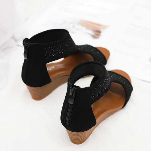 Böhmen Braun Strand Strass Sandalen Damen 2021 5 cm Keilabsatz Peeptoes Sandaletten