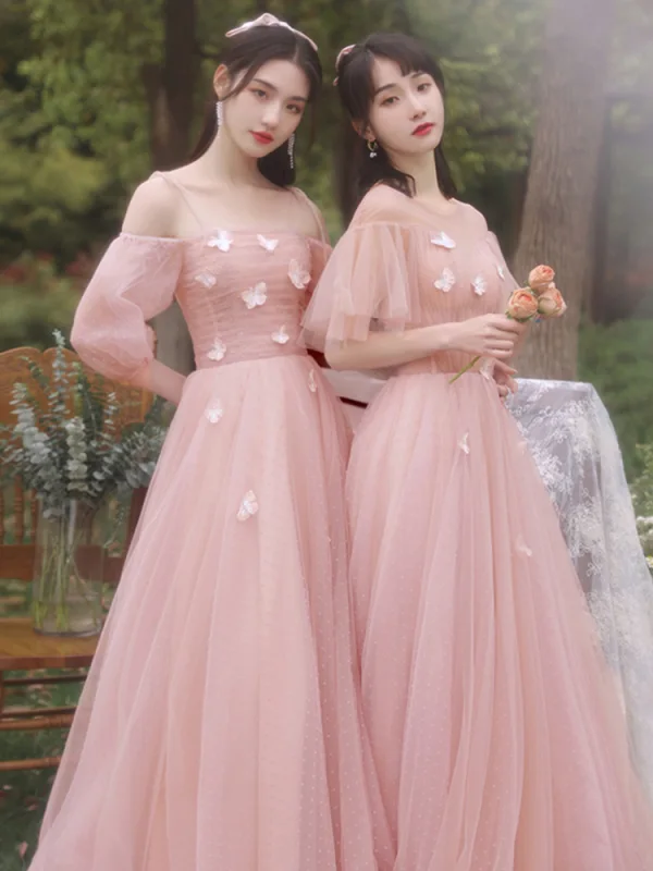 Chic / Beautiful Blushing Pink Lace Butterfly Bridesmaid Dresses 2021 A-Line / Princess Short Sleeve Backless Floor-Length / Long Bridesmaid Wedding Party Dresses
