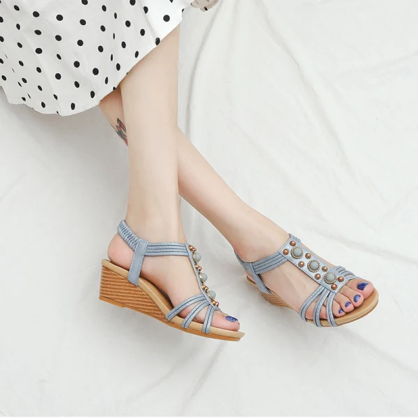 Roman Vintage / Retro Casual Sky Blue Pearl Womens Sandals 2021 5 cm Wedges T-Strap Open / Peep Toe Sandals High Heels