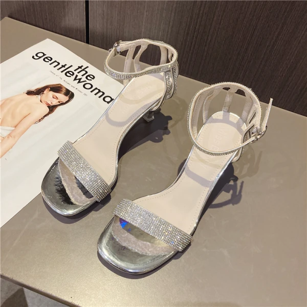 Sexy Argenté Faux Diamant Soirée Sandales Femme 2021 Bride Cheville 6 cm Talons Aiguilles Peep Toes / Bout Ouvert Sandales Talons Hauts