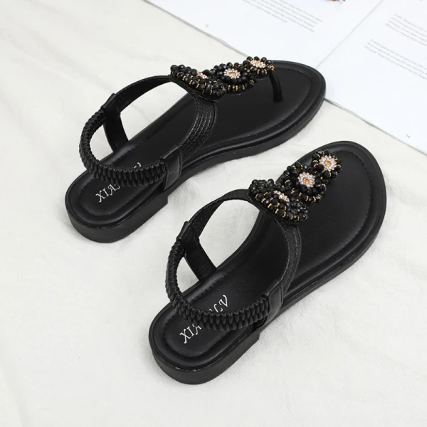 Bohême Été Noire Plage Plate Sandales Femme 2021 Faux Diamant T-Strap Peep Toes / Bout Ouvert Sandales