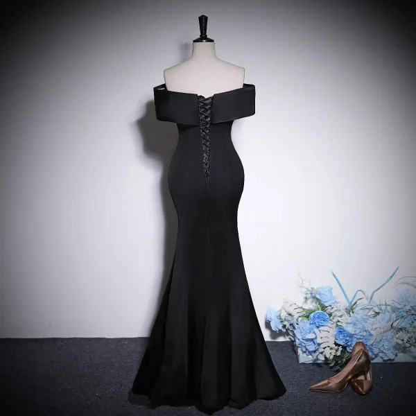 Fashion Black Prom Dresses 2023 Trumpet / Mermaid Off-The-Shoulder Sleeveless Backless Bow Floor-Length / Long Prom Formal Dresses