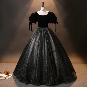 Vintage Retro Black Velvet Glitter Princess Prom Dresses 2024 Square Neckline Quinceañera Spring Short Sleeve Formal Dresses