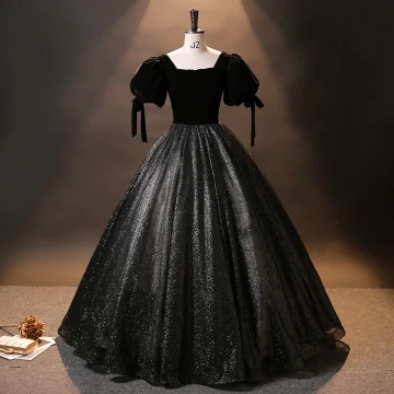 Vintage Originale Noire Velours Glitter Princesse Robe De Bal 2024 Encolure Carrée Quinceañera Printemps Manches Courtes Robe De Cérémonie