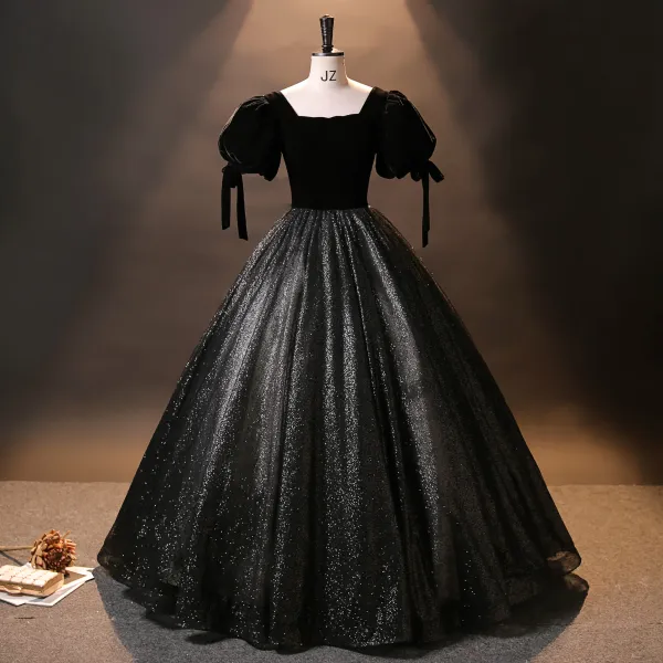 Vintage Czarne Aksamit Cekinami Księżniczki Sukienki Na Bal 2024 Kwadratowy Dekolt Quinceañera Wiosna Kótkie Rękawy Sukienki Wizytowe