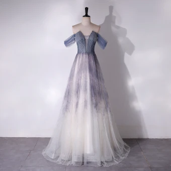 Chic Belle Gris Bleu Ciel Perlage Paillettes Robe De Bal 2024 Princesse De L Épaule Sans Manches Dos Nu Longue Promo Robe De Ceremonie